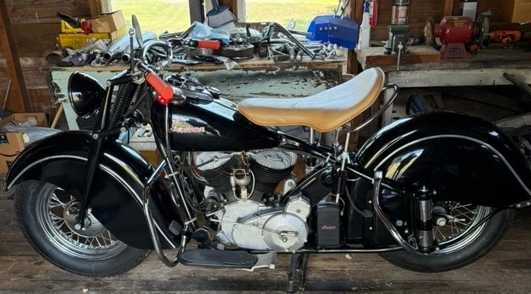 Looking vintagely good, this black and chrome 1947 Indian Chief