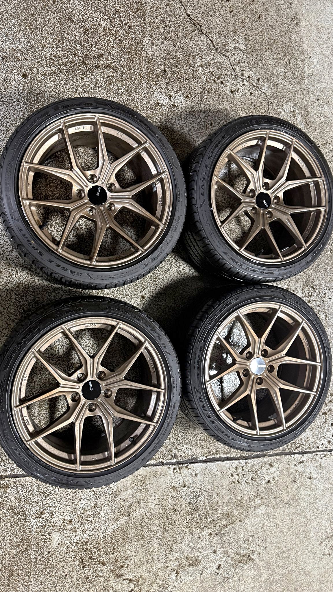 (4) Enkei TSR-X 18x9.5 +38 wheels, 255/35/18 Goodyear Eagle Sport A/S ...