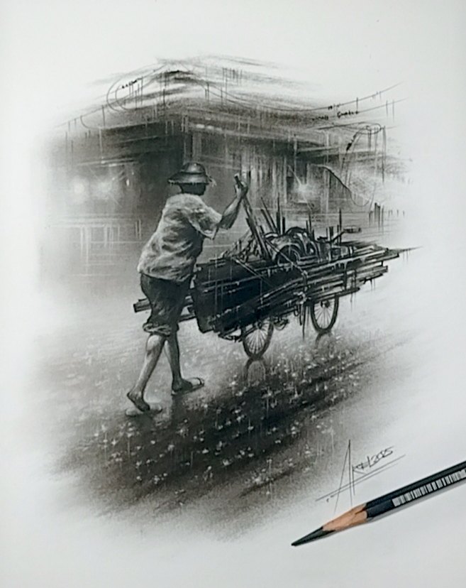 Hard worker on Rainy Day / Drawing on A4 Size Paper #drawing #pins