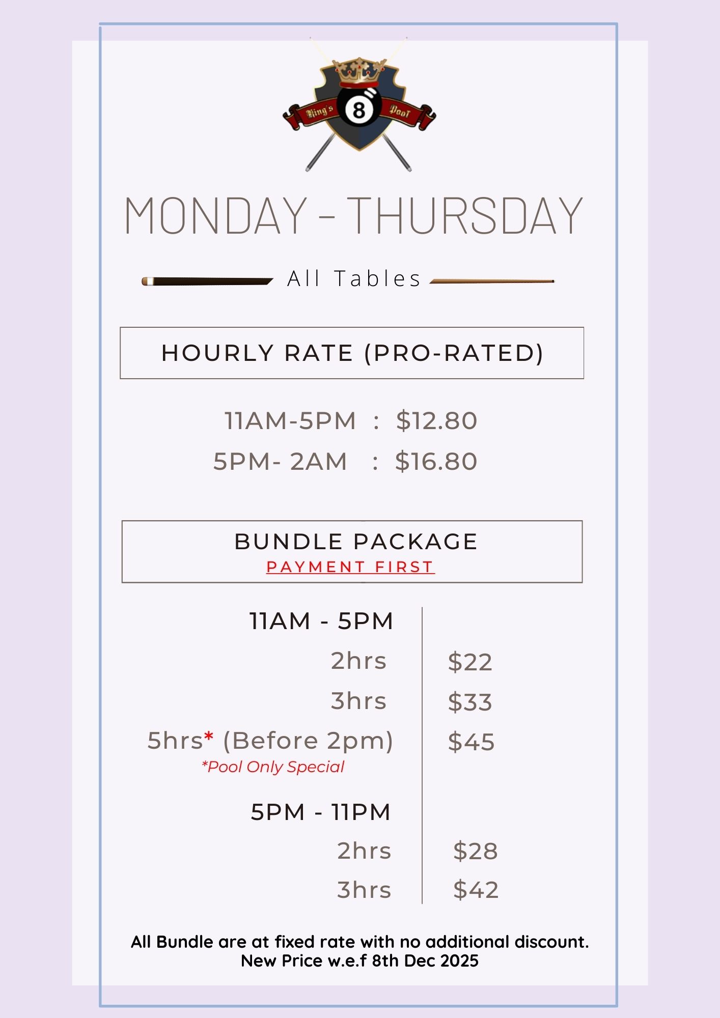 Latest King’s Pool revised rates, introducing a new 5-hour bundle for ...