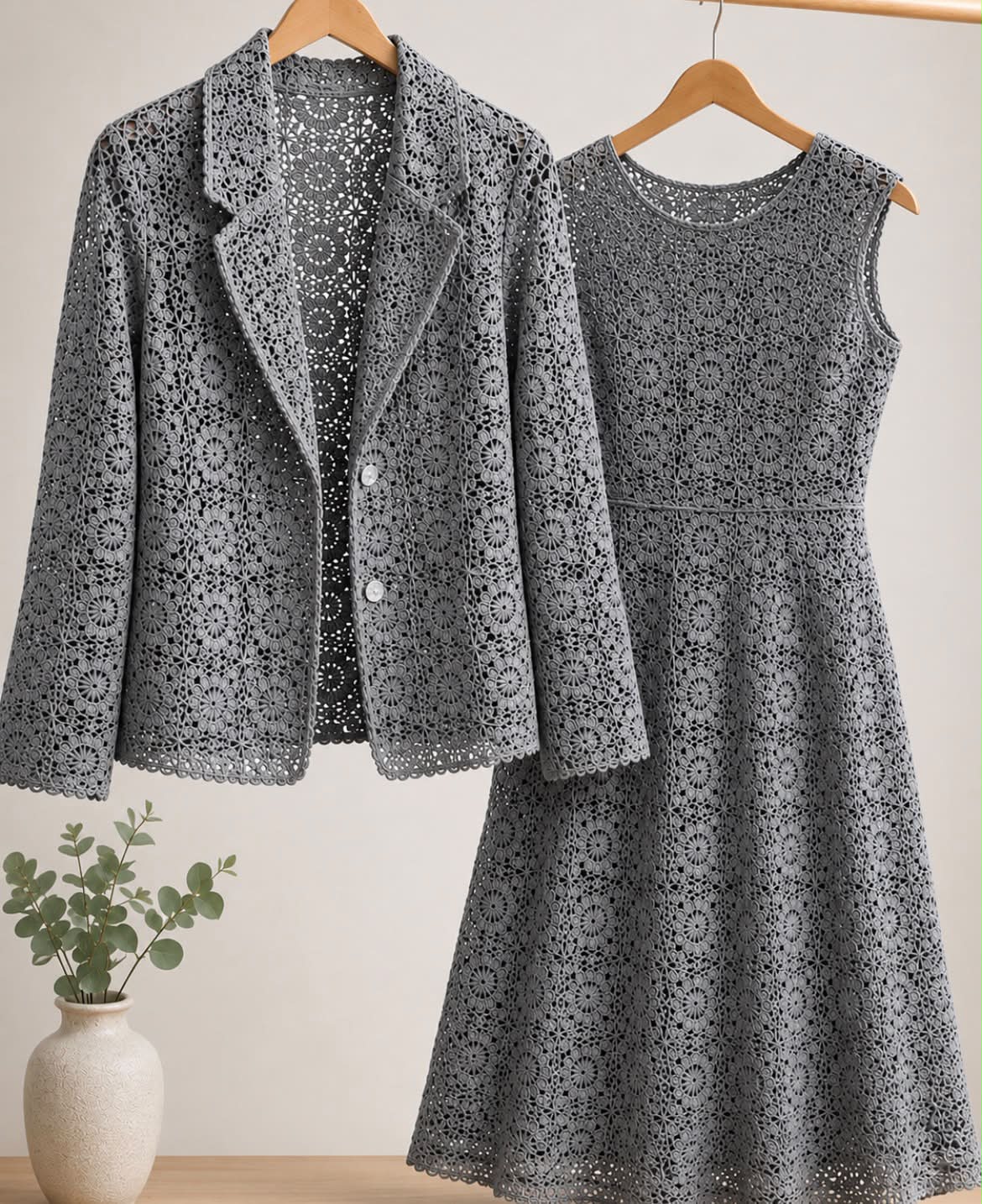 grey crochet dress Elegant Gray & Jacket Set – Timeless Handmade Inspiration ✨ #CrochetFashion #CrochetDress #CrochetJacket #HandmadeStyle #CrochetInspiration -hamdiye created-10-days