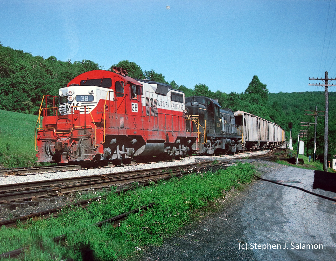 Western - Western Maryland Railway GP9 number 38 and RS3 number 183 are ...