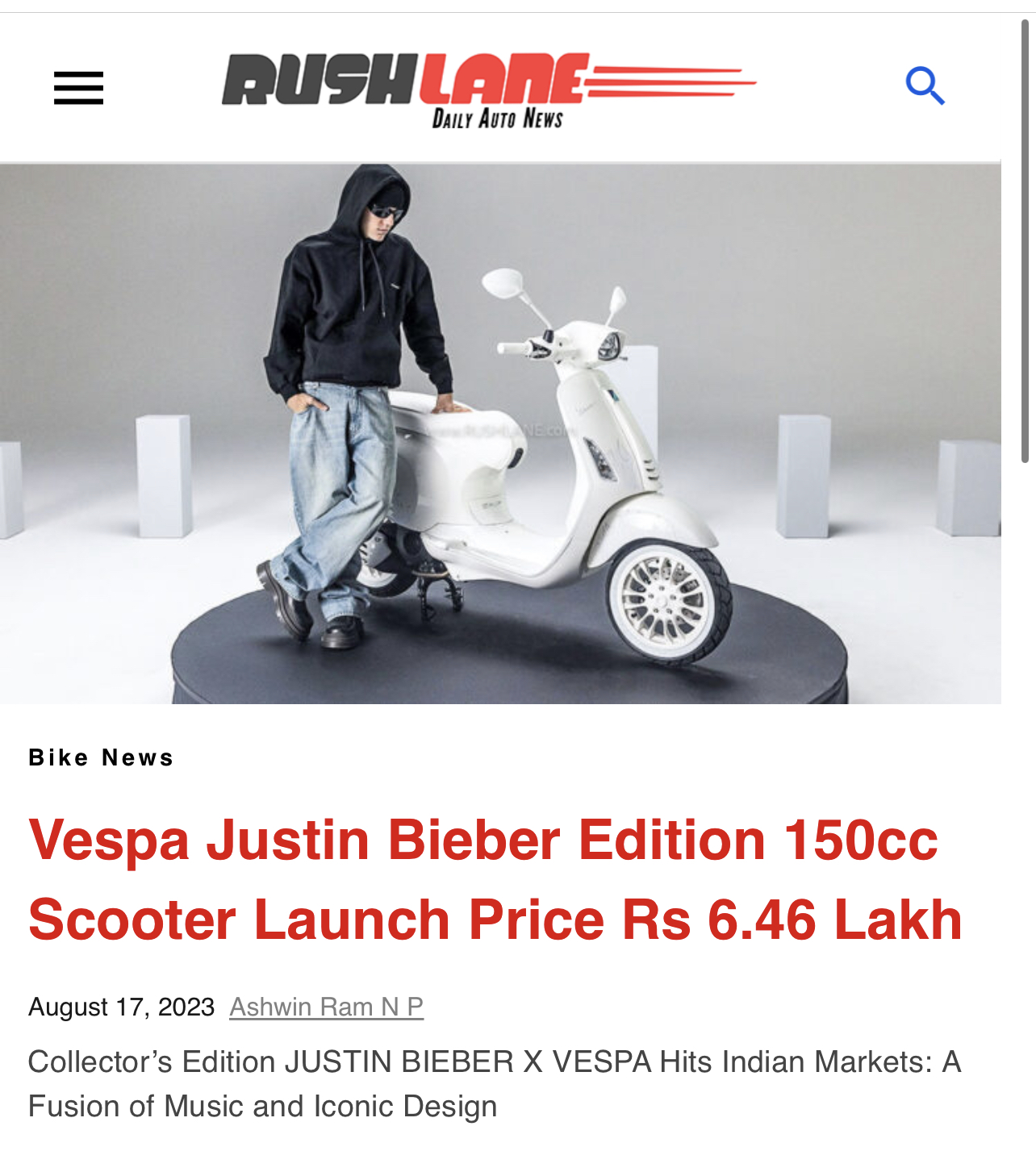 Vespa Justin Bieber edition 150cc scooter launch