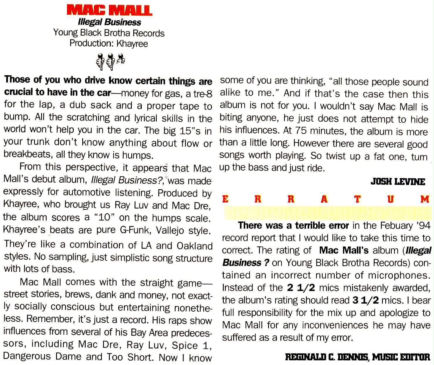 The Source's review and mic rating for Mac Mall - Illegal Business?
