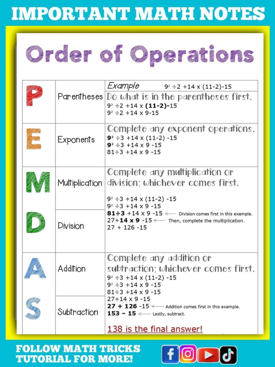 Math - PEMDAS Math Notes | Facebook