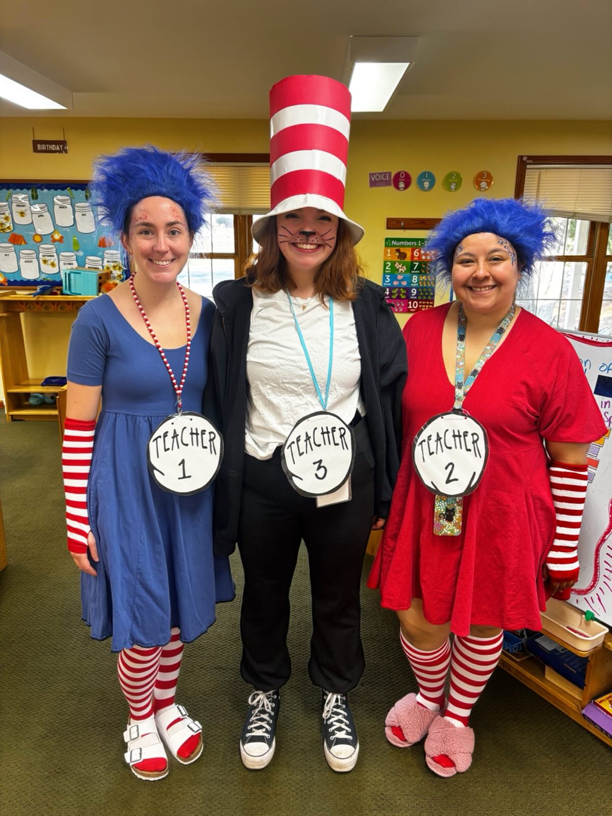 dr seuss birthday dress up Dr. would be proud! 🎩📚Our teachers understood the assignment for Dr. Seuss Dress-Up Day during Read Across America Week! From striped socks to blue hair and the famous hat, they brought easy diy dr seuss costumes