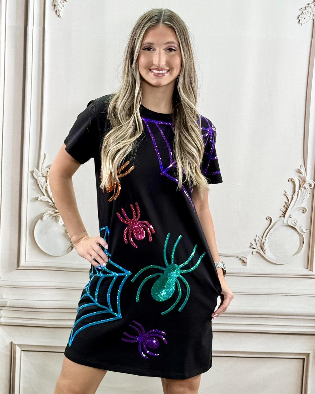 Ahhhh Spooky Season Is On Its Way 🎃 This Is one Of Our Favorites !!! 👻💀🎃 SUPER CUTE 🎃💀👻 Shop In Store And Online 🔻 https://shoppingxpressions.com/collections/dresses/products/halloween -spider-web-sequin-dress