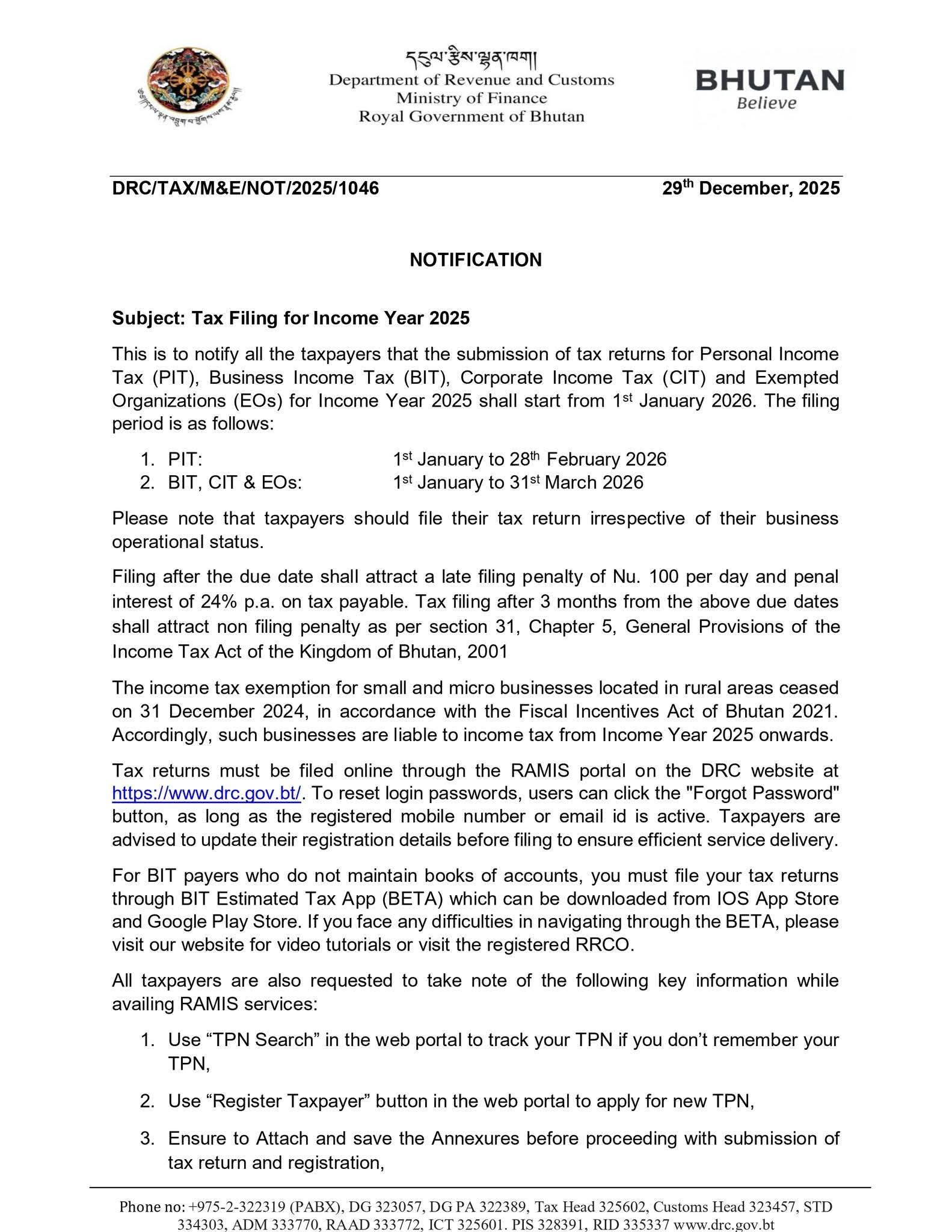 Bhutan Times - Notification: Tax Filing for Income Year... | Facebook