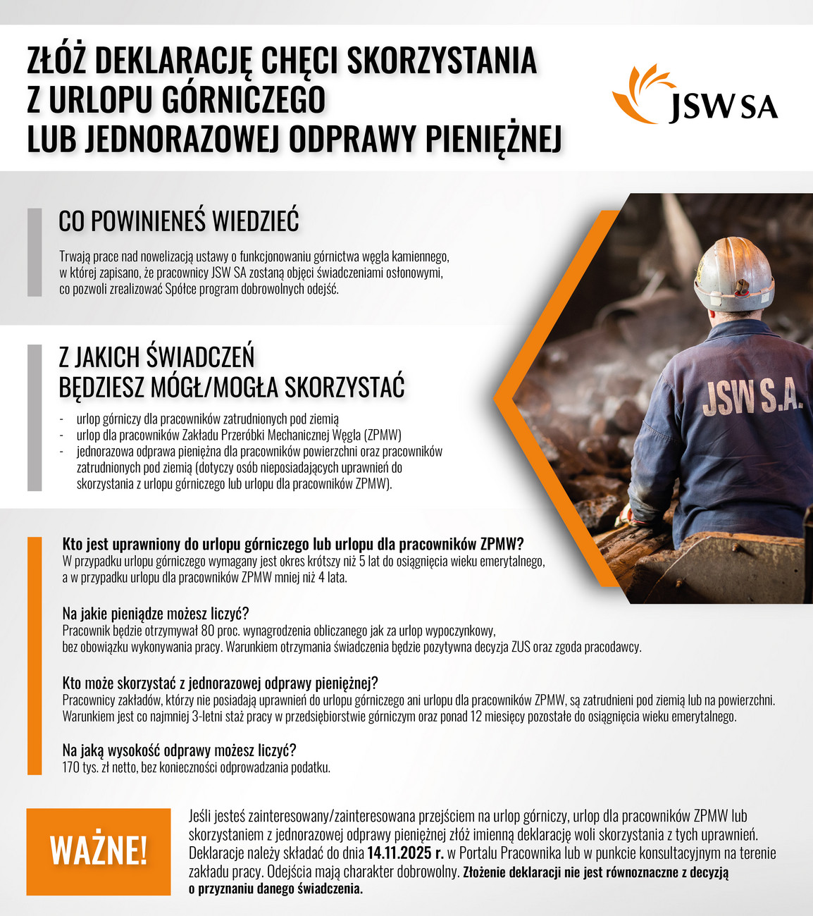 NSZZ - Pracownicy JSW SA, którzy chcą skorzystać z urlopu górniczego ...