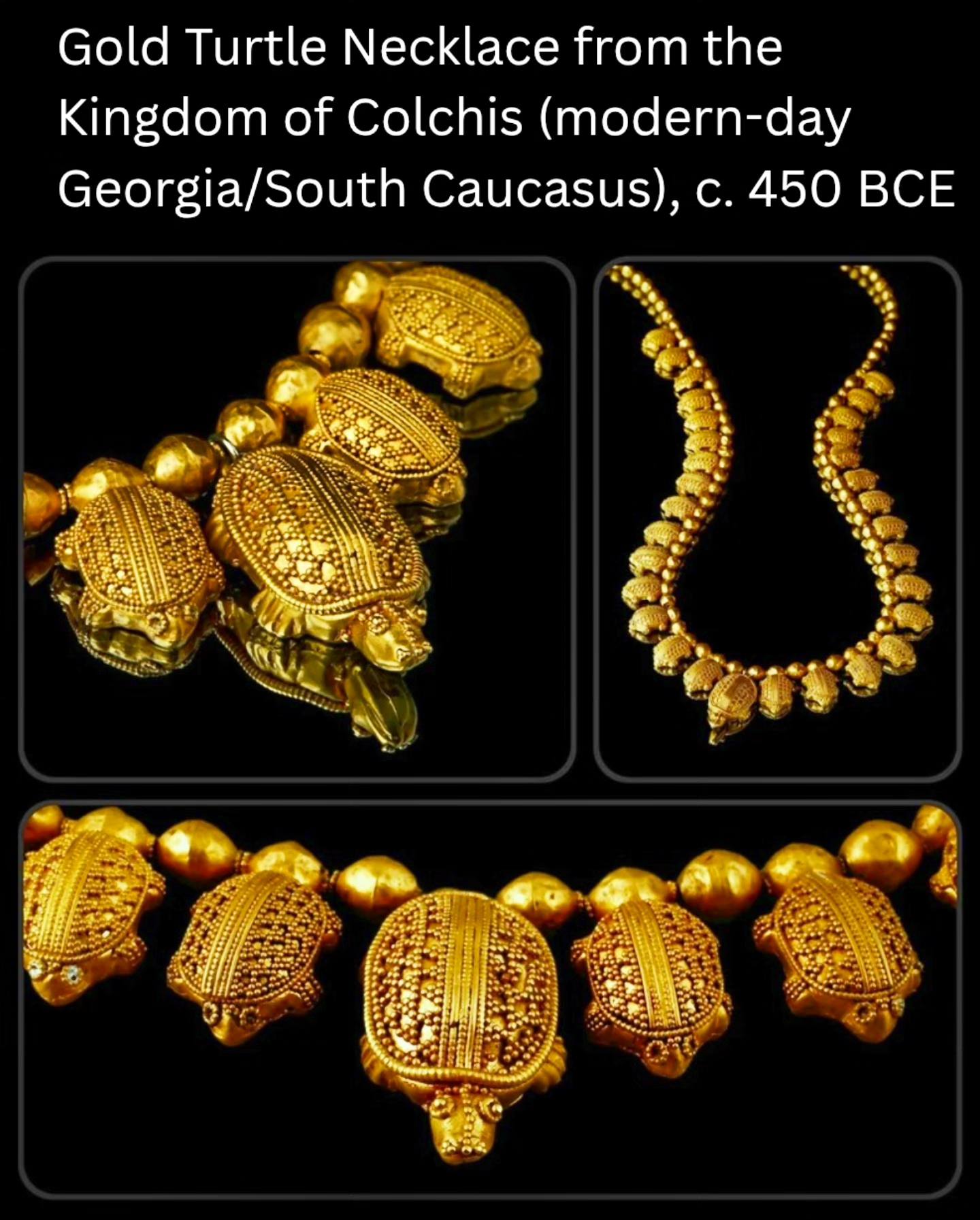 The necklace contains 31 turtle shaped pendants made of gold, with 