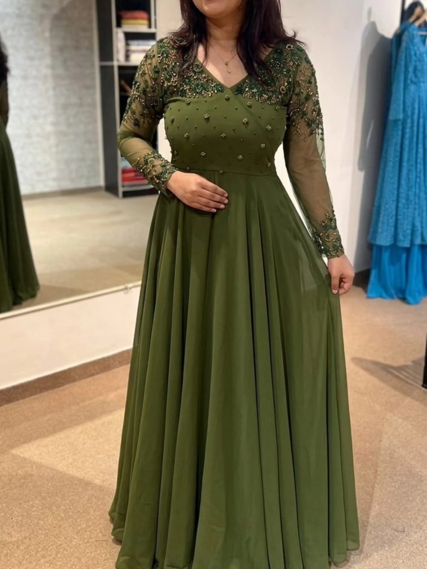 green satin v neck dress Mehendi custom made gown ✨✨ Can be customised in any colour #keraladesignerwear #keralaboutique #chennaiboutique #chennai #thiruvallaboutique green mehndi dress for bride