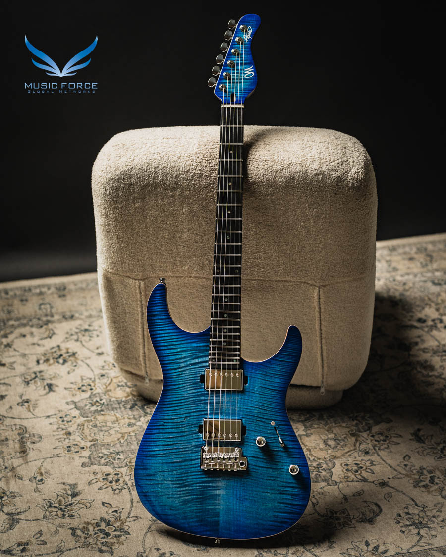 Mayones Aquila Elite S 6 with a 5A Flamed Maple top in Lagoon