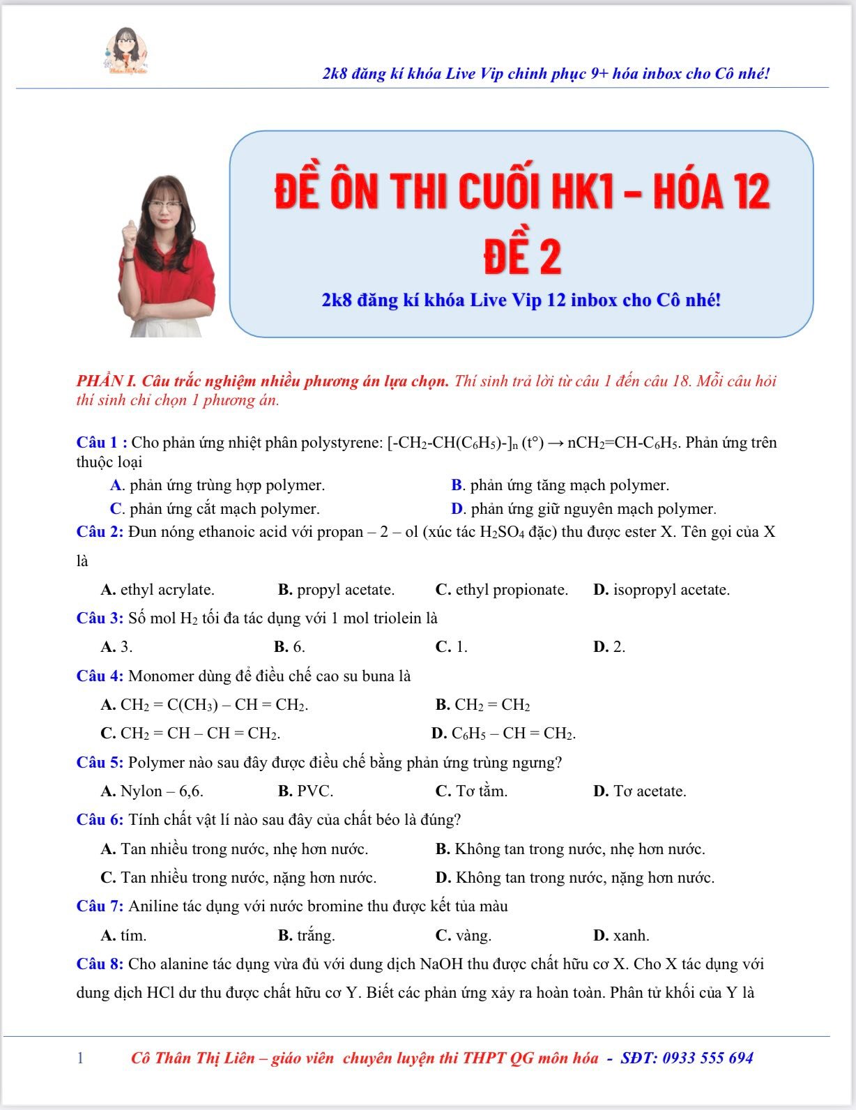 💥 ĐỀ ÔN THI CUỐI HK1 - HOÁ 12 - đề 2 👉... - Cô Thân Thị Liên | Facebook