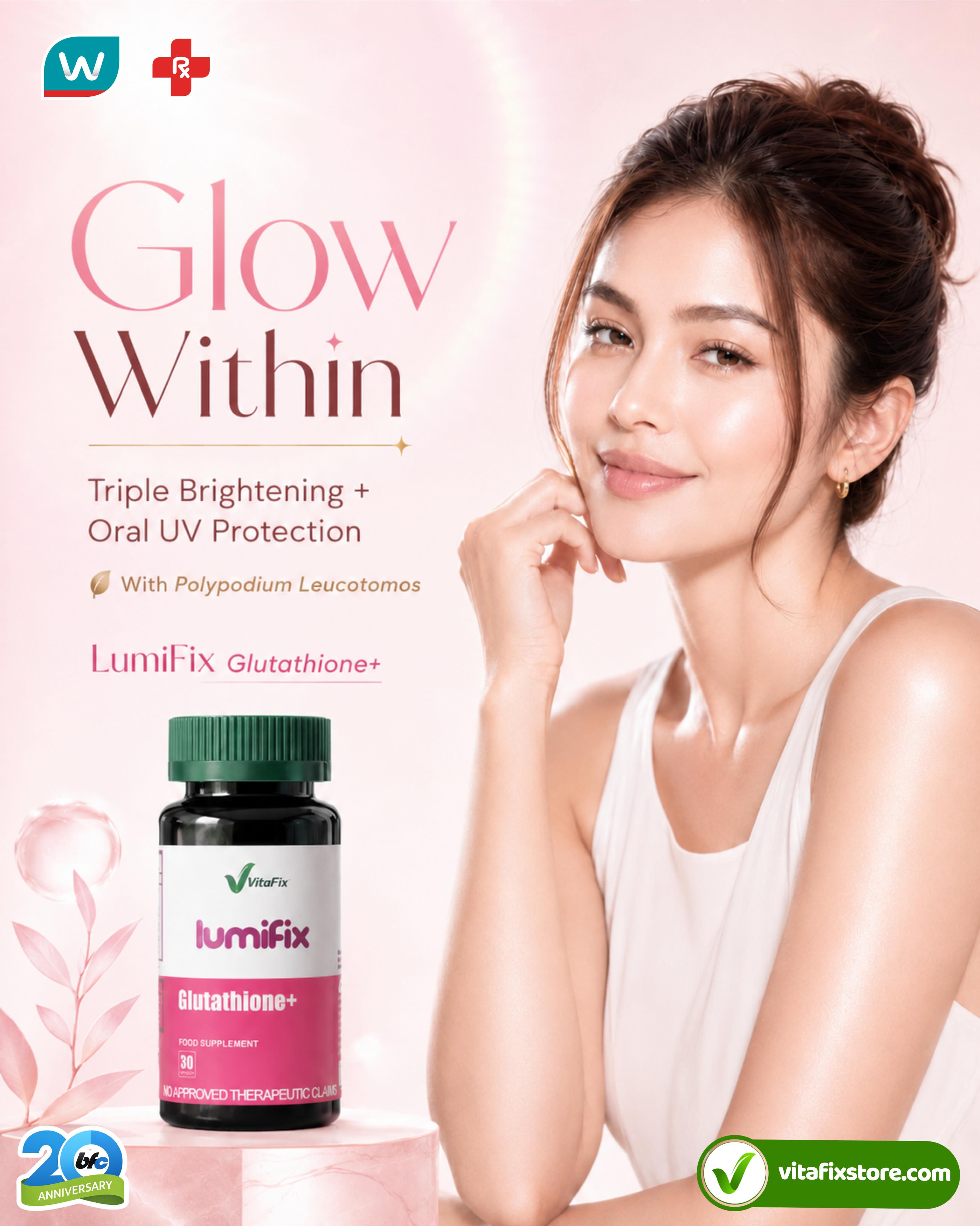 Glow from within with LumiFix Glutathione+. Formulated with triple brightening ingredients plus Polypodium Leucotomos for oral UV protection support, LumiFix helps support brighter-looking, radiant skin as part of your daily beauty and