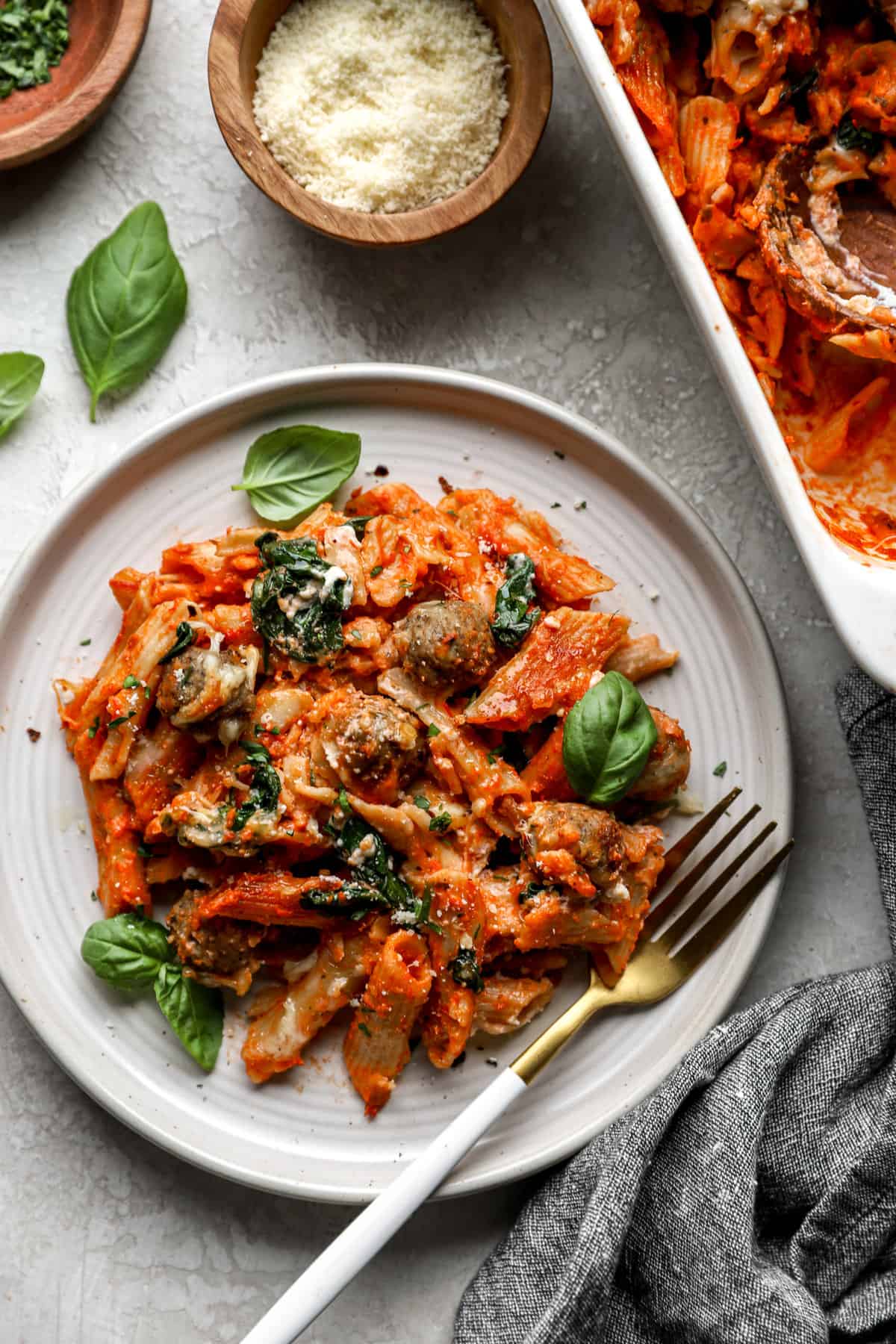 Easy no-boil pasta bake with meatballs and spinach