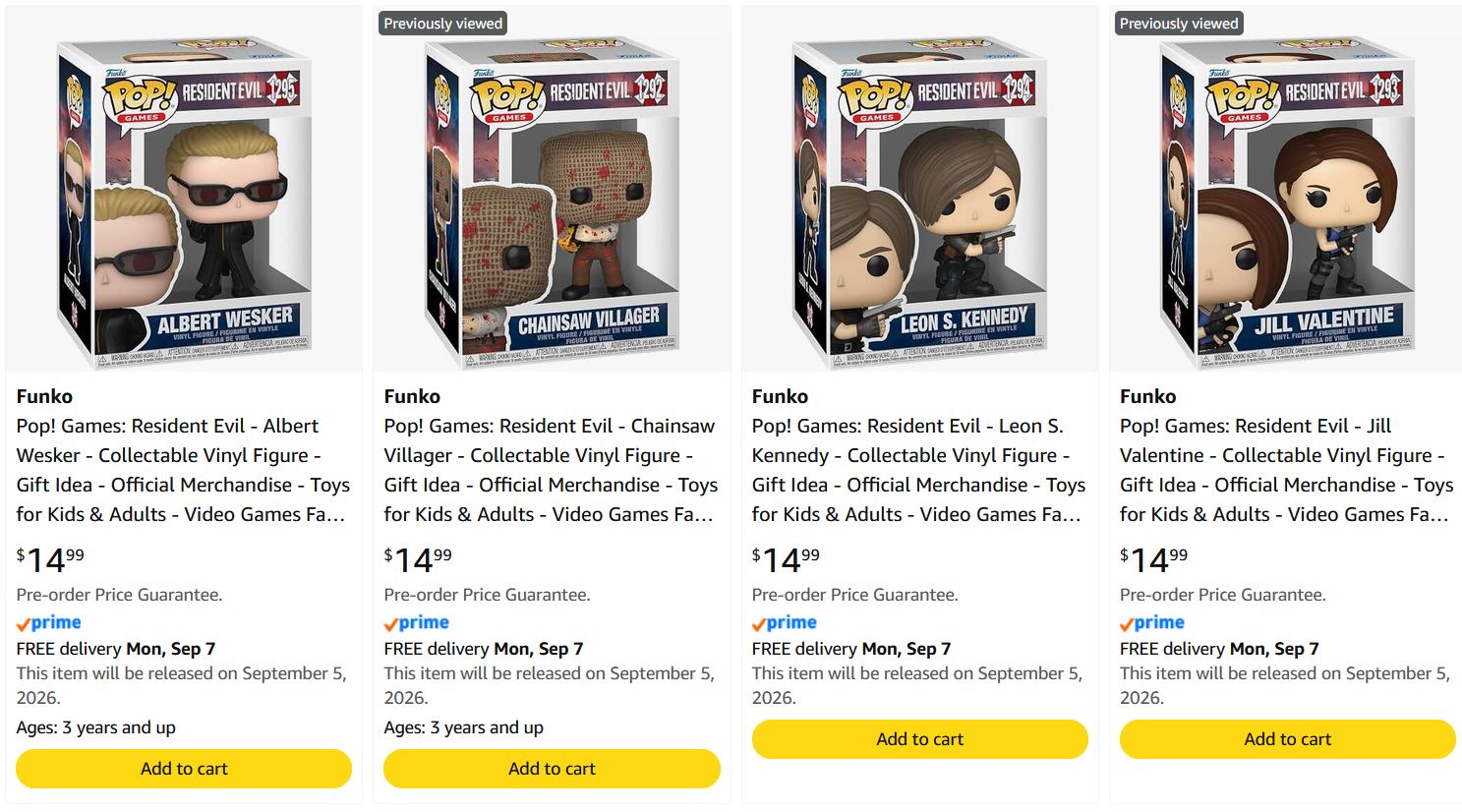 Pre-Order: Funko Pop! Games: Resident Evil $14.99 Each via Amazon 