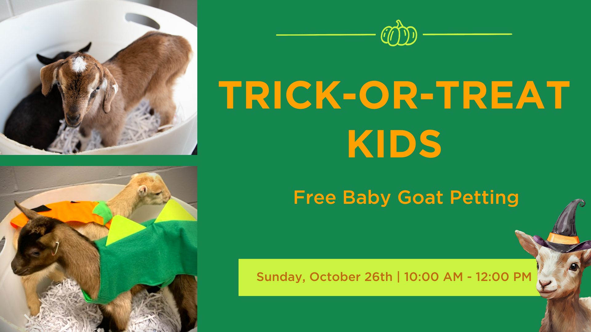 Trick-or-Treat Kids | Free Baby Goat Petting | Oct 26