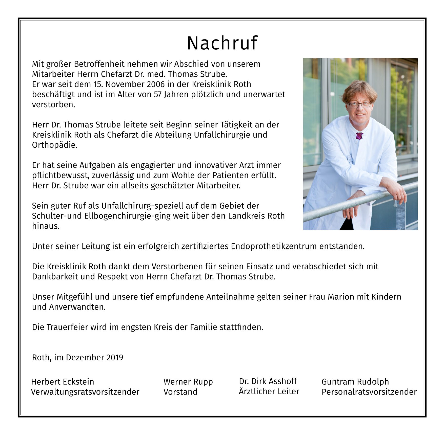 Nachruf Chefarzt Dr. Thomas Strube - Kreisklinik Roth | Facebook