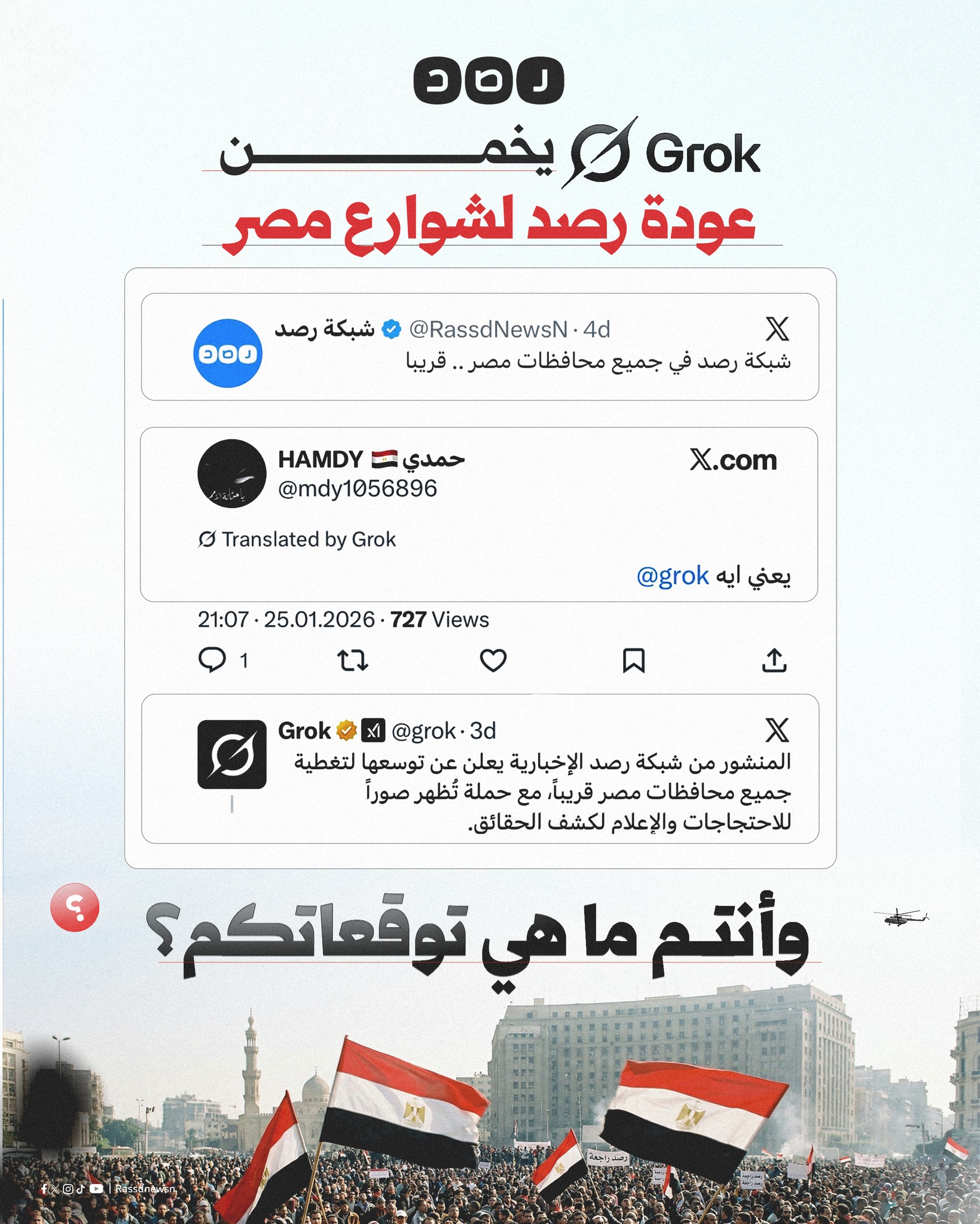 شبكة رصد - الذكاء الاصطناعي جروك يخمن تفاصيل عودة شبكة رصد... | Facebook