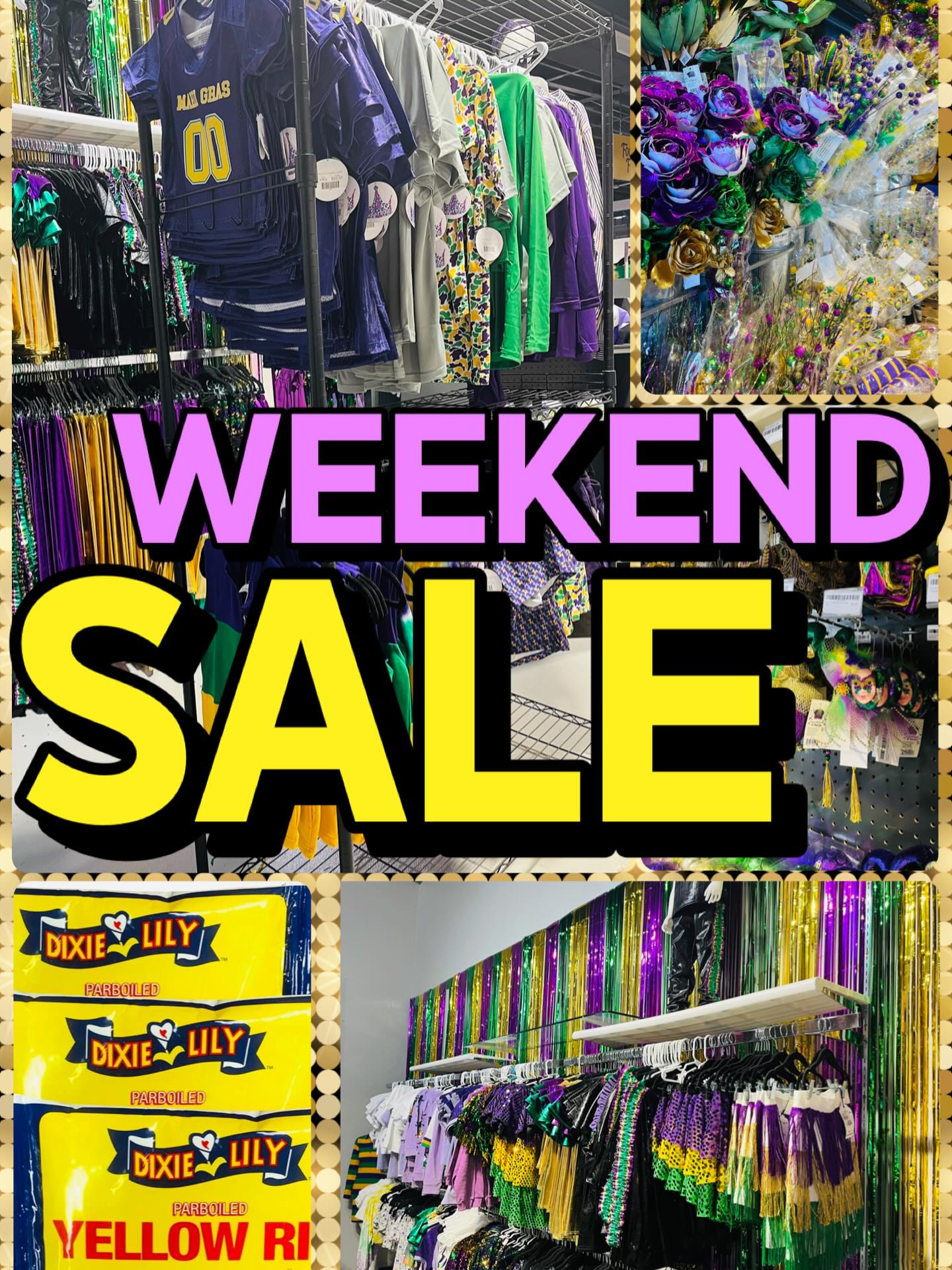 WEEKEND SALE ALERT! 🚨 We're serving up some sweet deals you don't want to miss👇 👕 20% OFF all kids clothing (excluded Mobtown) 🎭 20% OFF Mardi Gras sprays & ornaments 🍚
