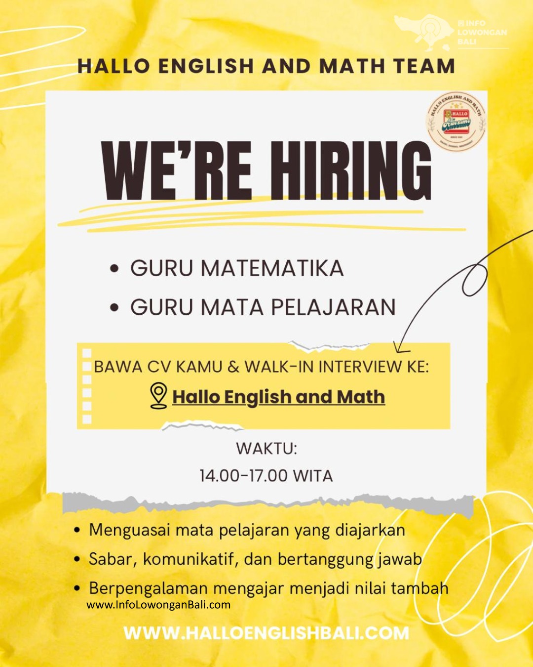 Info - 📚 WE’RE HIRING! 📚 HALLO ENGLISH AND MATH TEAM . 📢 Dibuka ...