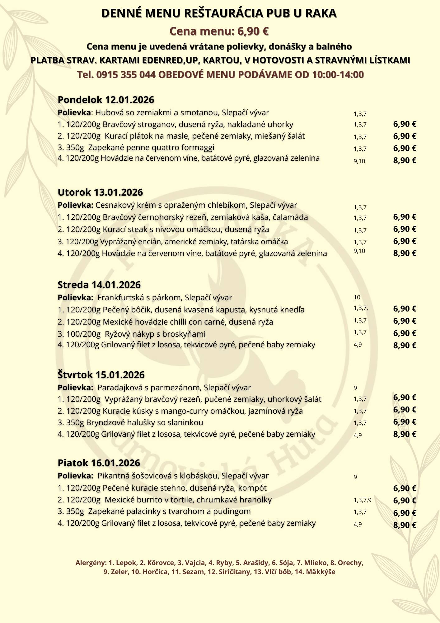 PUB u RAKA - OBEDOVÉ MENU 12.01.-16.01. 2025 Menu si... | Facebook