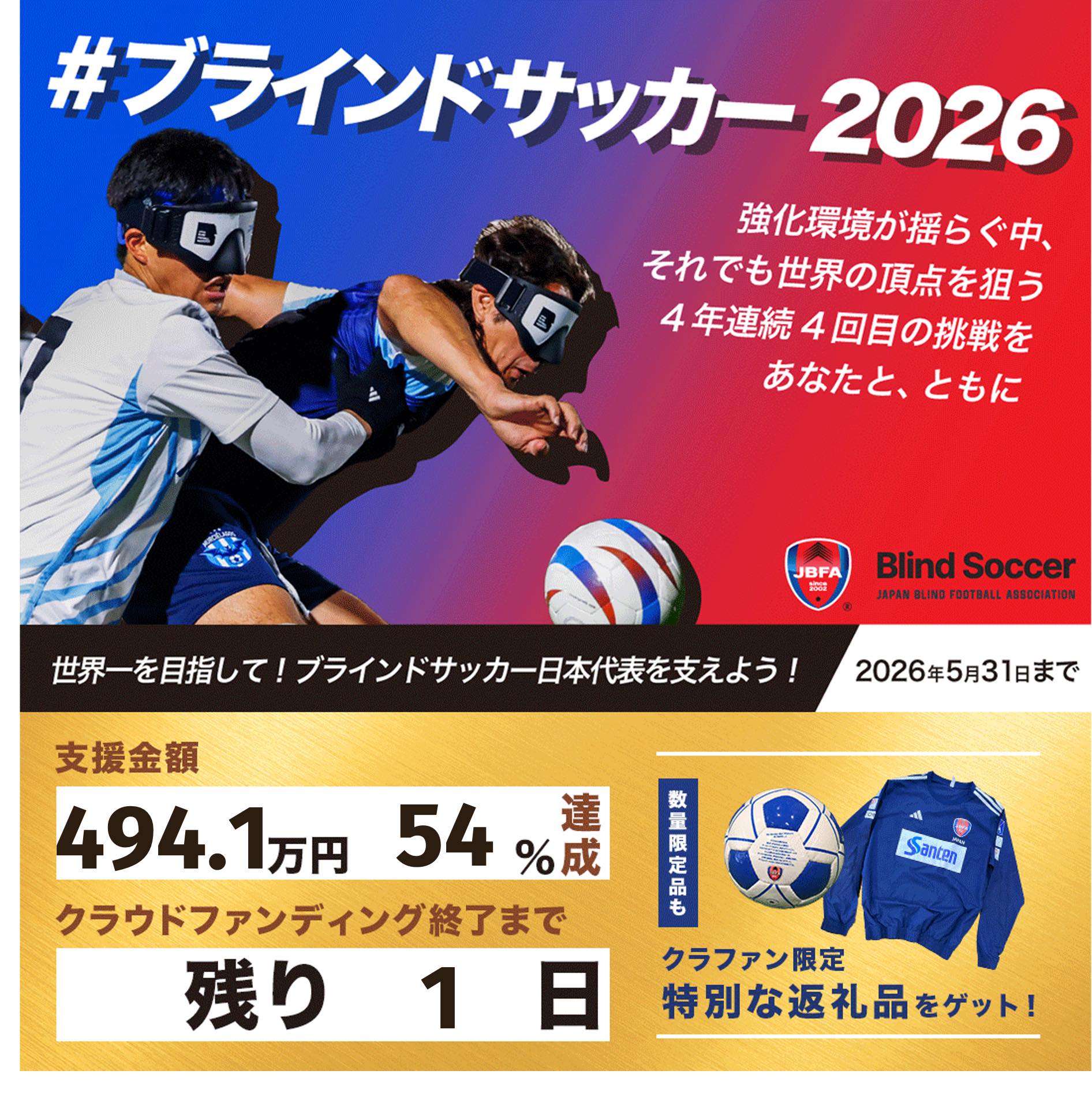 ブラインドサッカー - ／ ついにラスト1日。 500万円まで、あと3.9万円 