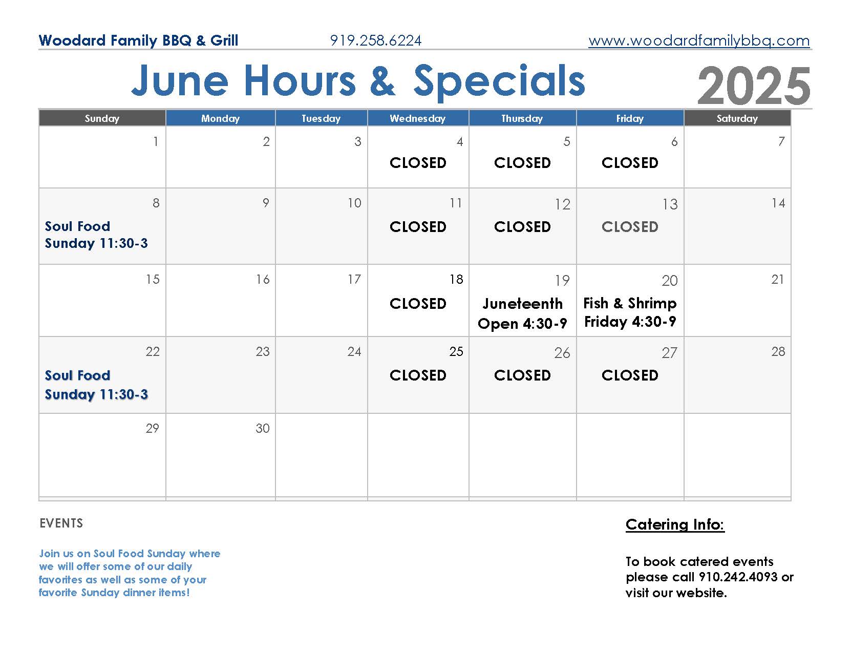 Here is our June calendar.... - Woodard Family BBQ & Grill | Facebook