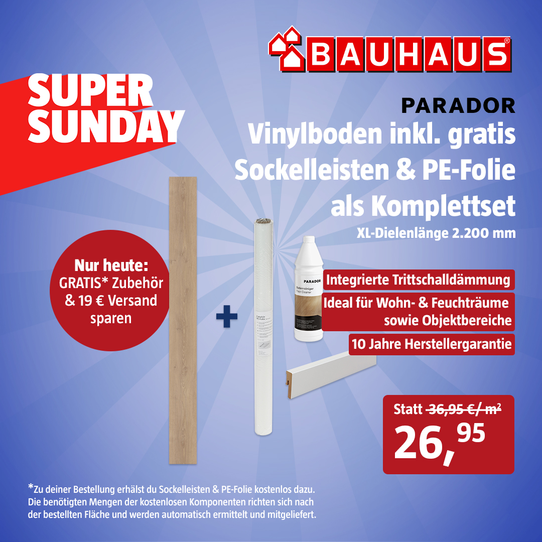 Nur heute* und nur online gibt es bei BAUHAUS den Vinylboden von PARADOR inkl. Sockelleisten und PE-Folie als Komplettset zum Super-Sunday-Preis und dazu noch 👉 versandkostenfrei 👈 👇 Hier geht es z