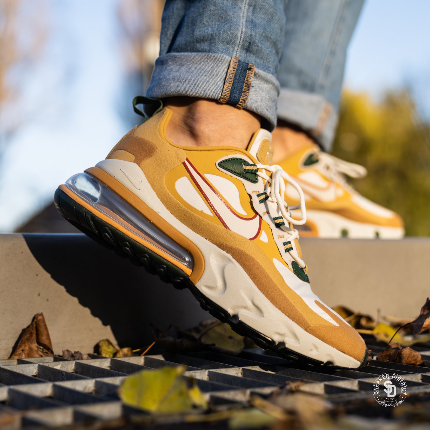 NIKE Air Max 270 React “Club Gold” Nike Air Max 270 React Club Gold/Light Bone available online now