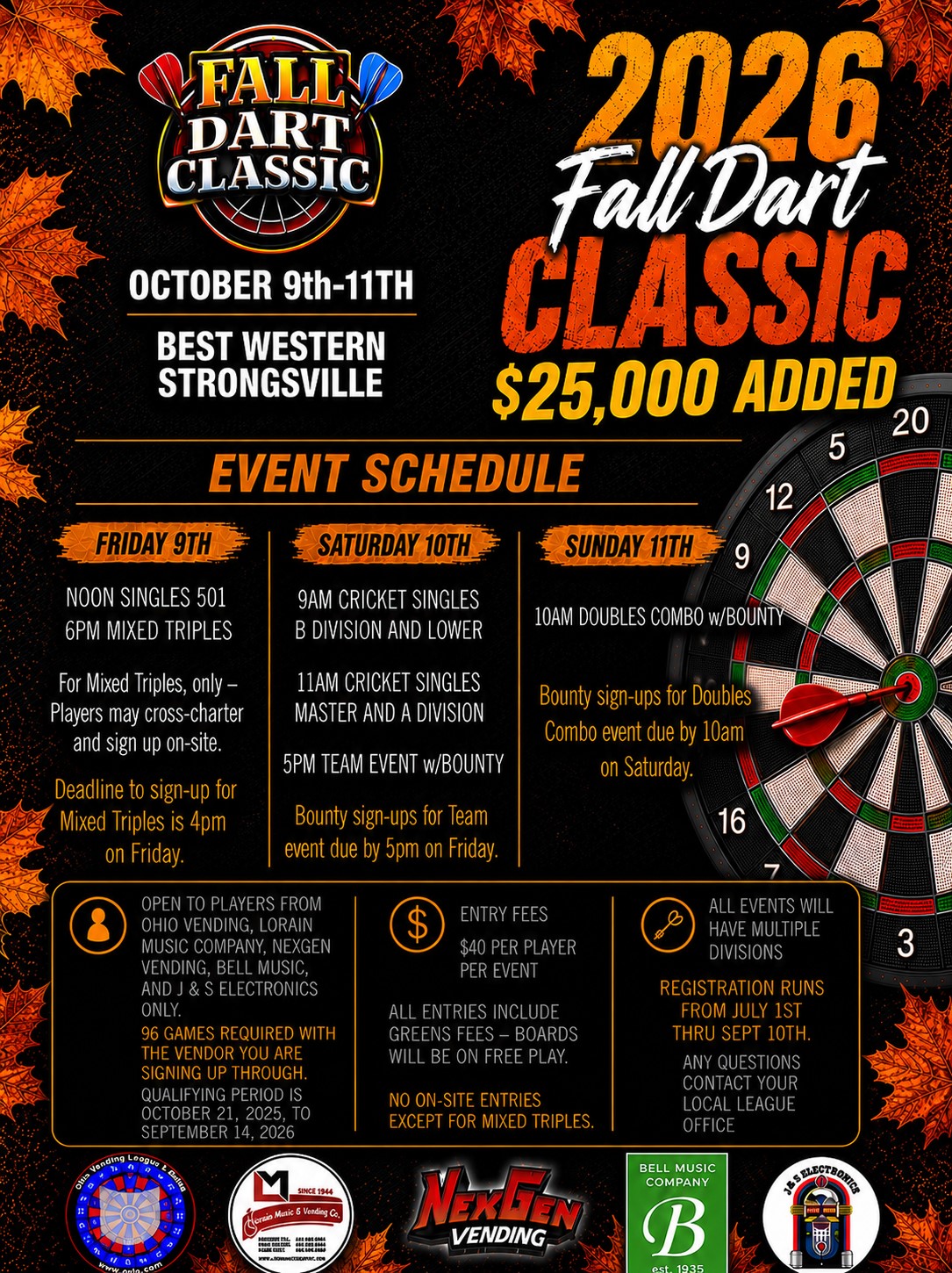 2026 Fall Dart Classic tournament in Strongsville, October 9-11