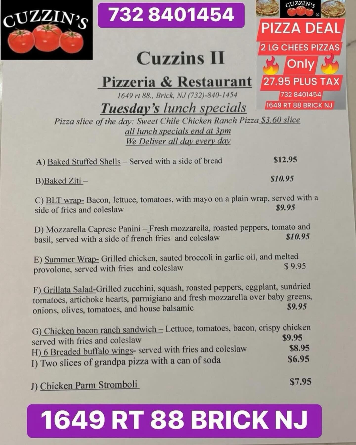 Cuzzins Pizza and Restaurant Brick NJ | Brick Township NJ