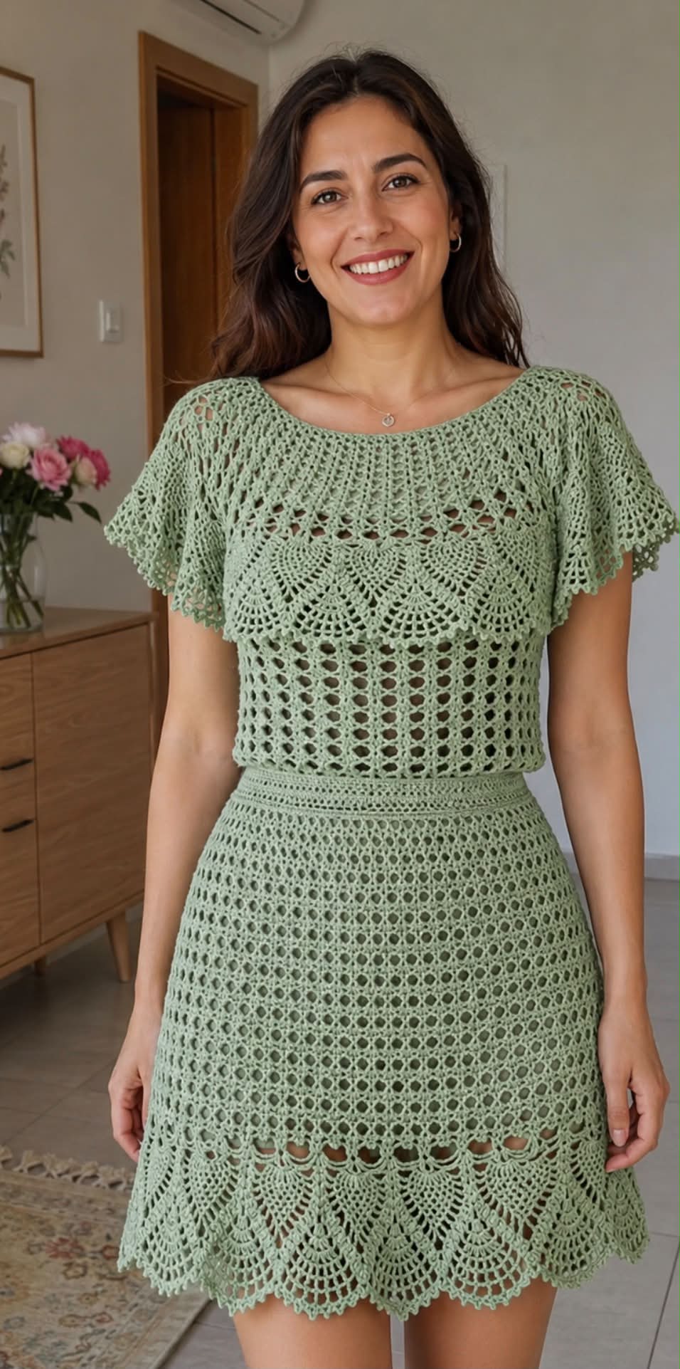 sage crochet dress Elegant Green Set 🌿 Crochet lace Size(<a href=