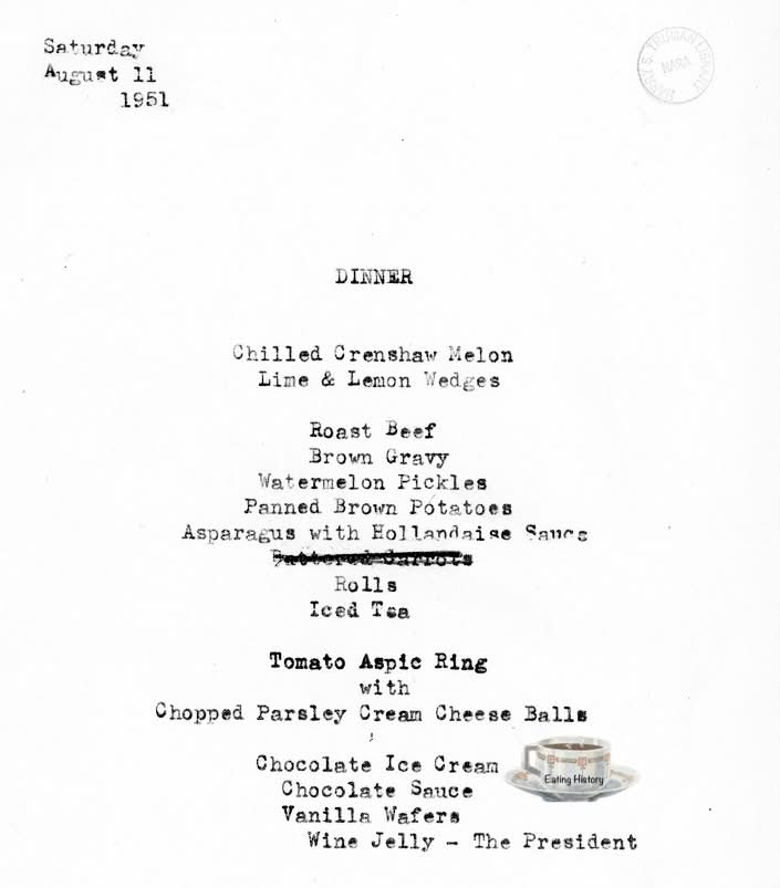 White House Dinner Menu. President Harry Truman, 1951. From the