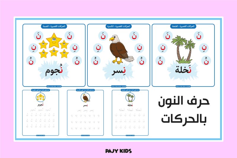 باچي - 10 أنشطة حرف النون بالحركات لمرحلة الروضة بطاقة تعليم حرف النون ...