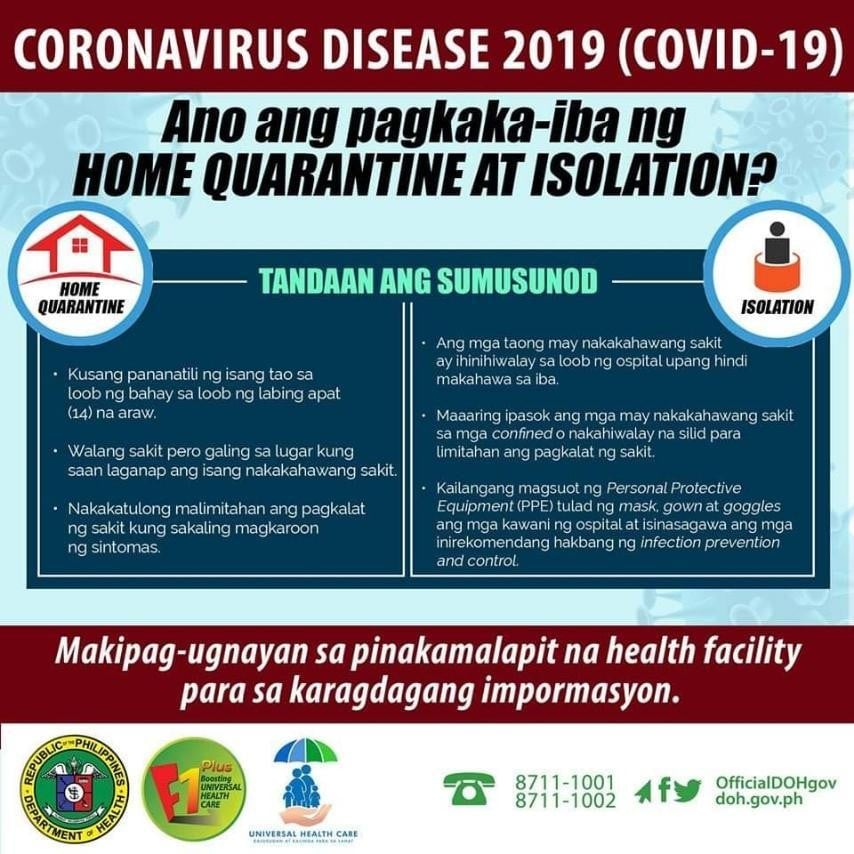 Civil - ALAMIN: Pagkakaiba ng Home Quarantine sa Isolation Source: DOH ...