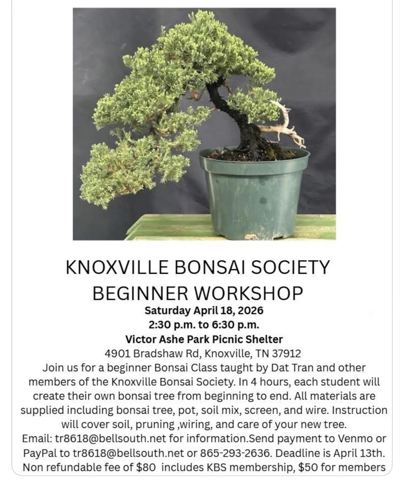 Knoxville Bonsai Society is having a Beginner workshop on April
