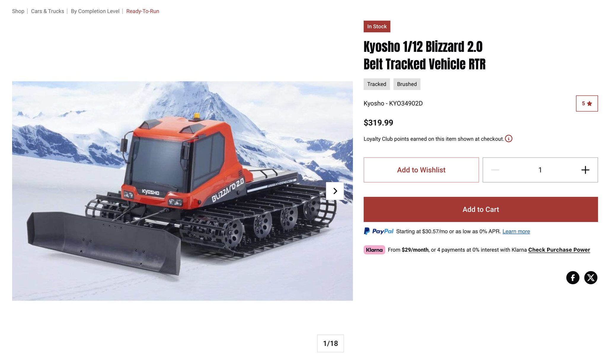 Kyosho 1/12 Blizzard 2.0 belt tracked vehicle RTR for $319.99