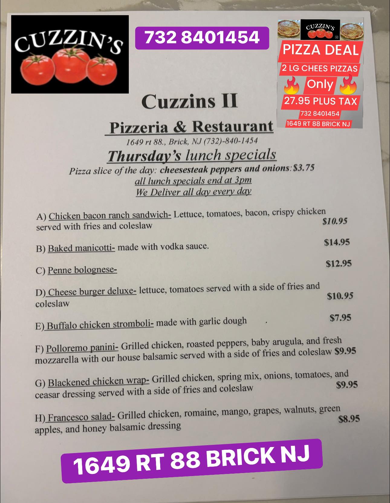 Cuzzins Pizza and Restaurant Brick NJ | Brick Township NJ