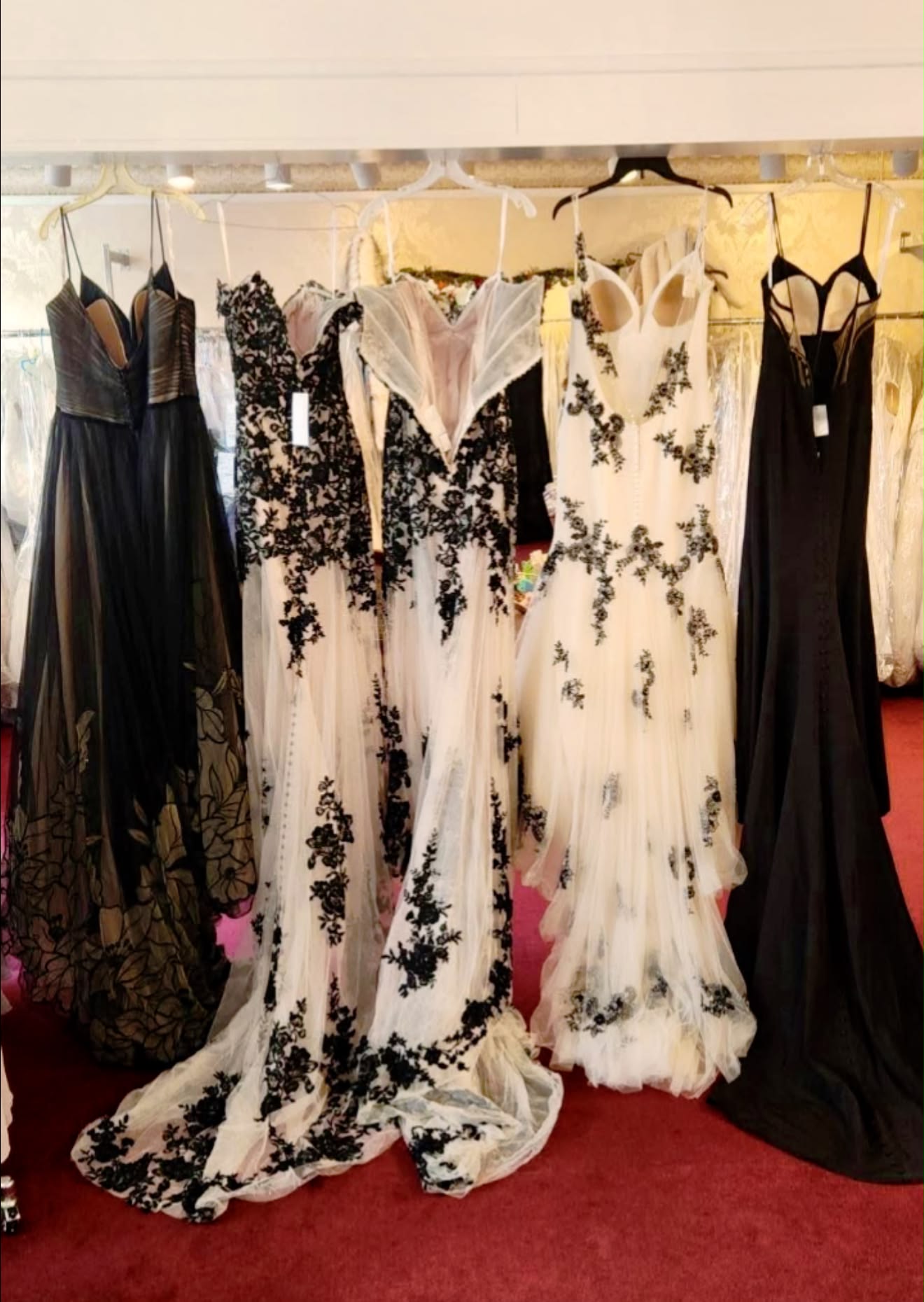 off the rack wedding dresses new jersey 🤍 Angel Bridal in Haddonfield, has a of beautiful black sale right now. Black lace appliqué climbing ivory tulle. Black on blush. A full black tulle ballgown. Sizes Color: Tangerine