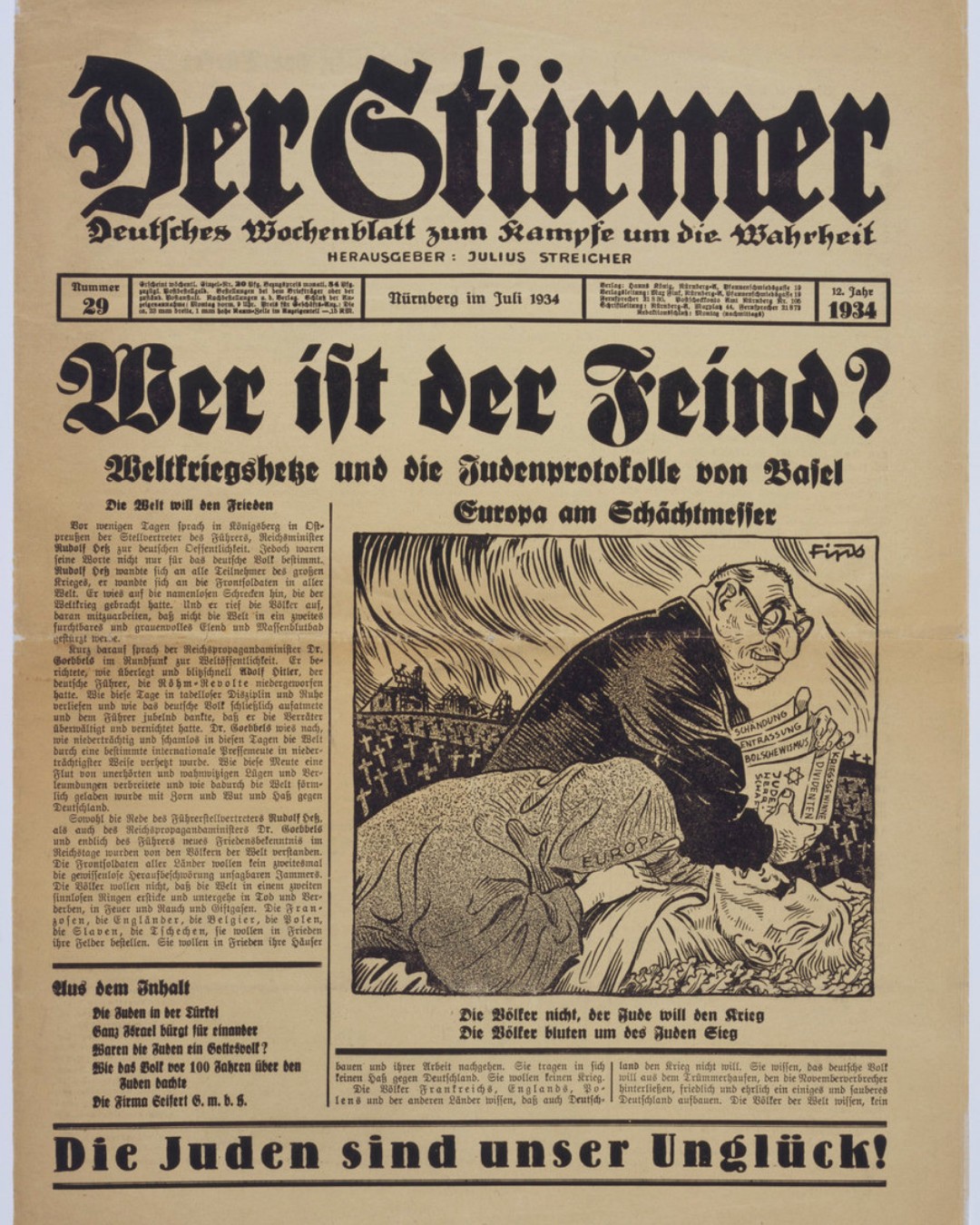 Published in July 1934, this issue of Der Stürmer portrayed Jews