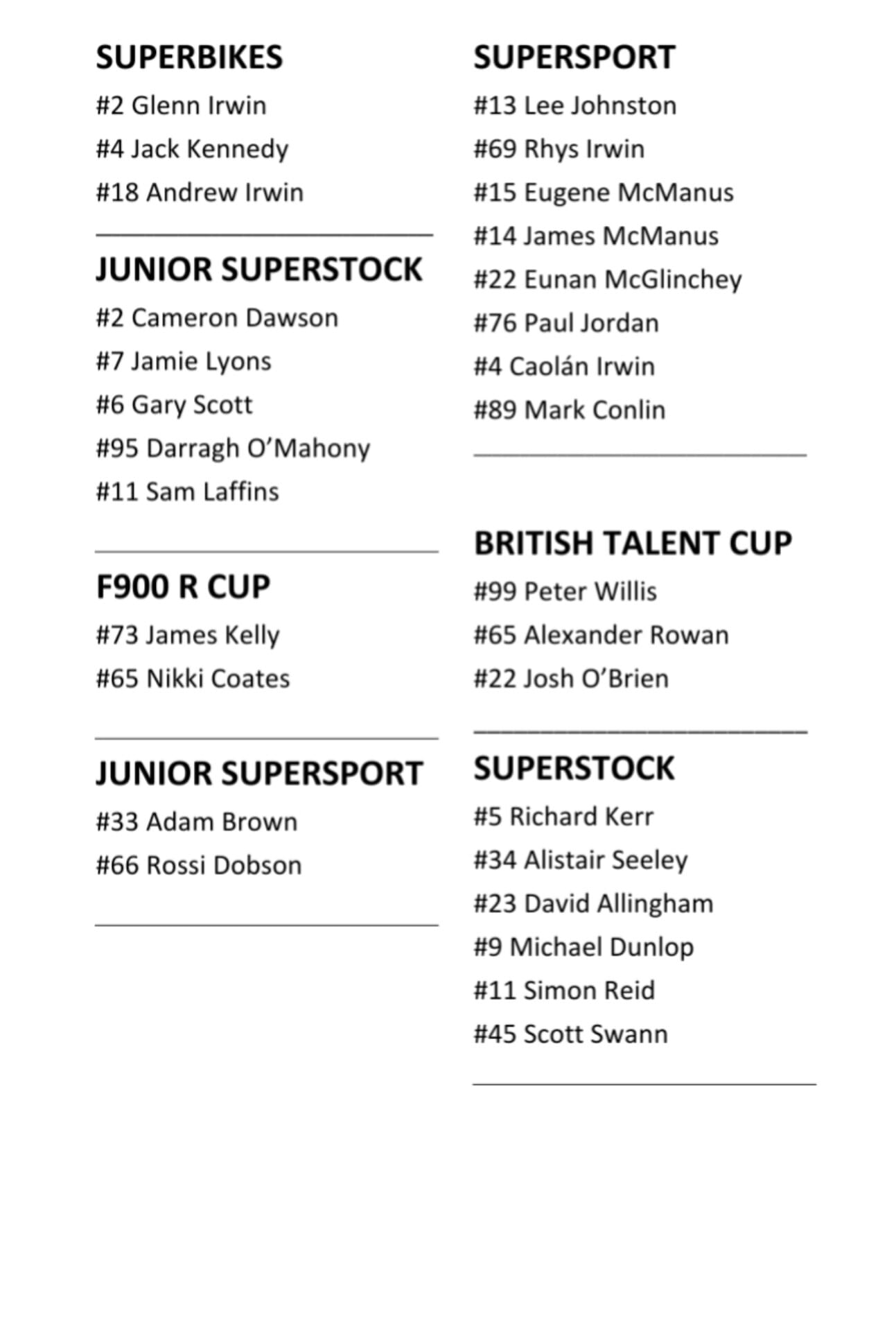 ⚠️BSB NUMBERS AND CLASSES⚠️ Below... - Redhead Motorsport