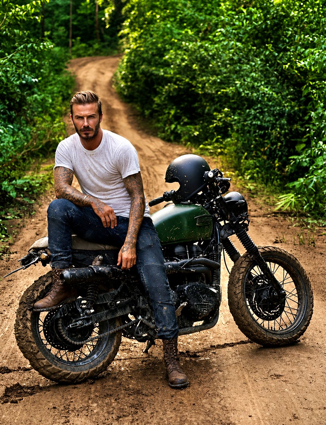 David Beckham with his Triumph Amazon Scrambler