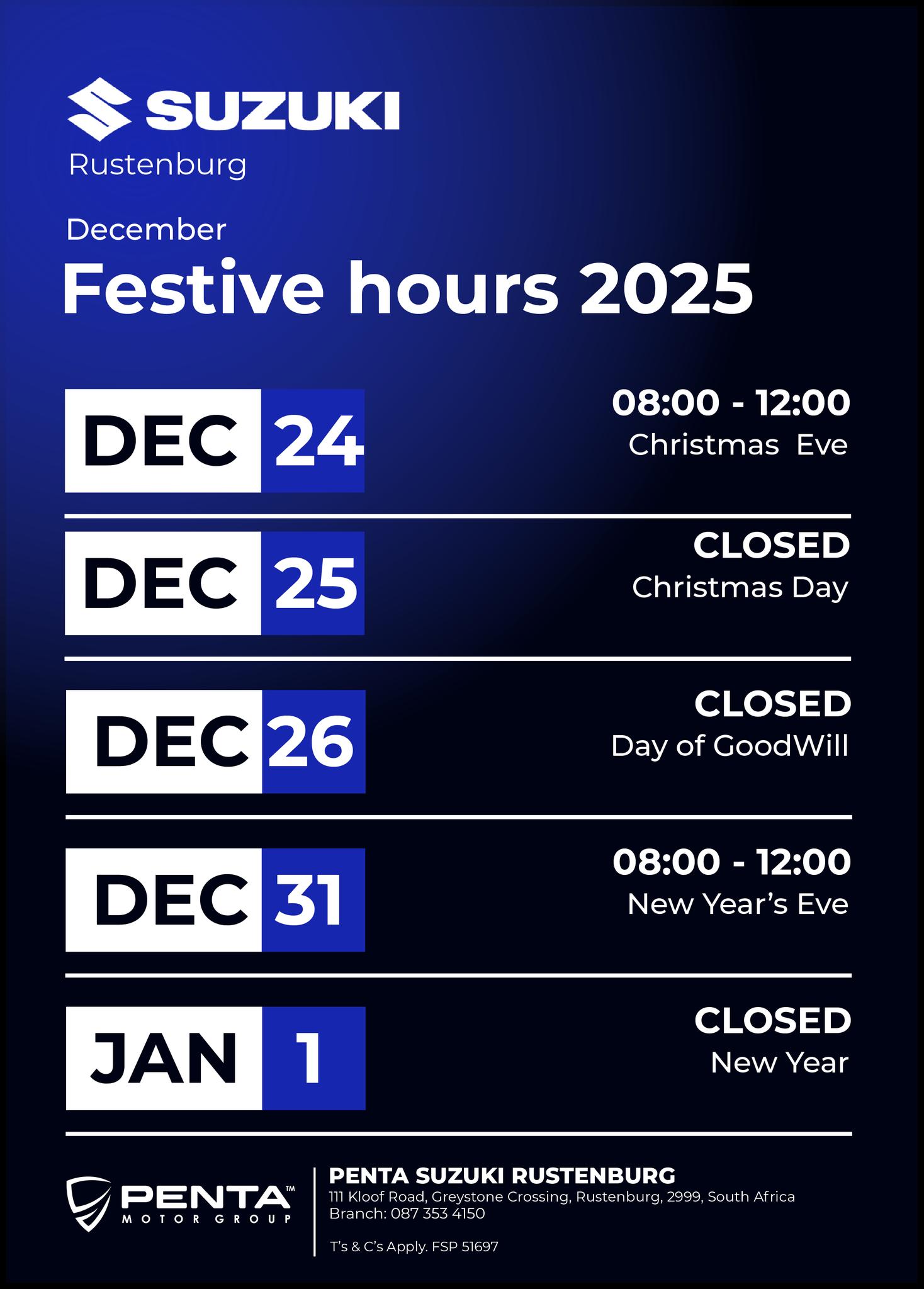 Penta - 🎄 Festive Trading Hours – Penta Suzuki Rustenburg 🎄 Please take ...
