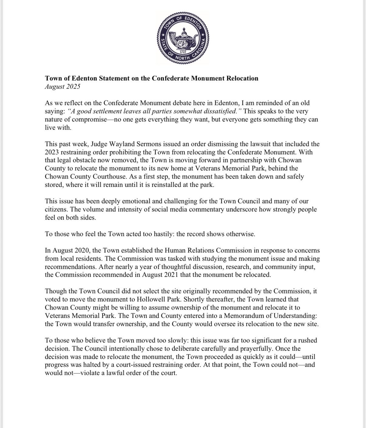 Town of Edenton - A statement from Mayor W. Hackney High, Jr. | Facebook