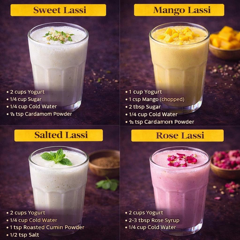 Corner - 🥛 Sweet Lassi Ingredients • 2 cups yogurt • ¼ cup sugar • ¼ ...