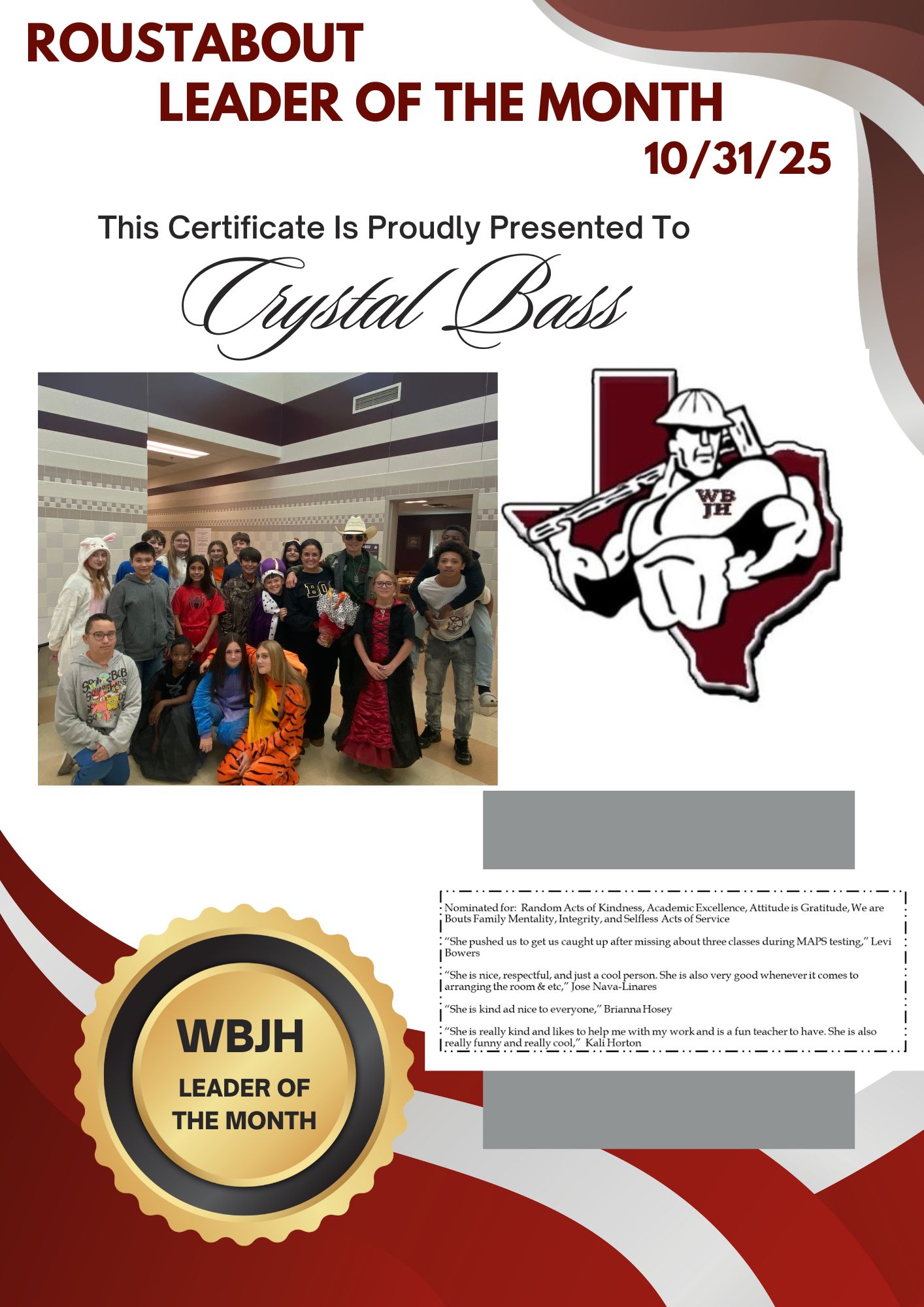 WBJH - Congratulations to October's Leader of the Month, Ms. Bass🎉 ...