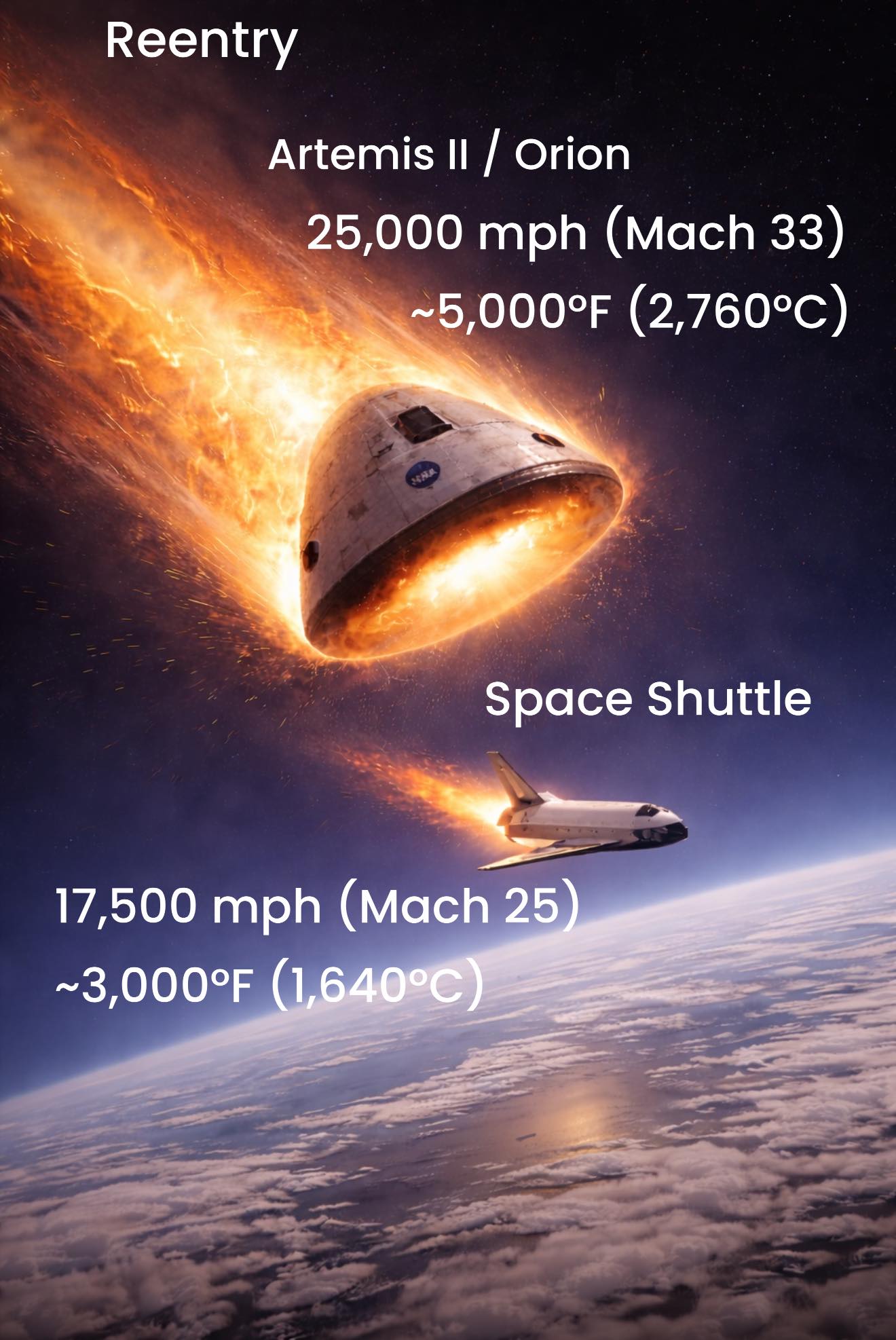 The Orion capsule reenters at Mach 33, 7,500 mph faster than the 