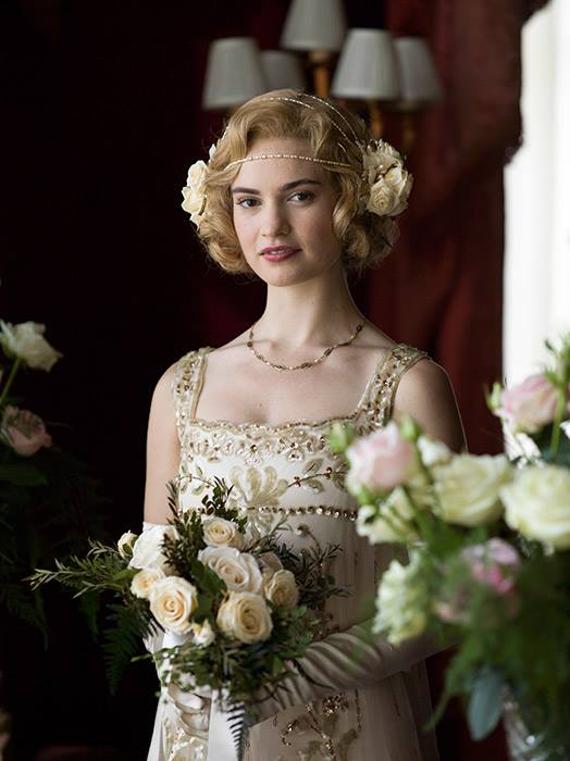 lady rose downton abbey wedding dress Rose's to banker, Atticus Aldridge in ITV/PBS season 5, episode 8. played by actress Lily James, is wearing a 1920s beaded silk tulle gown featuring dainty gold Style-Color-Dim:AD5E213555_AT412_M