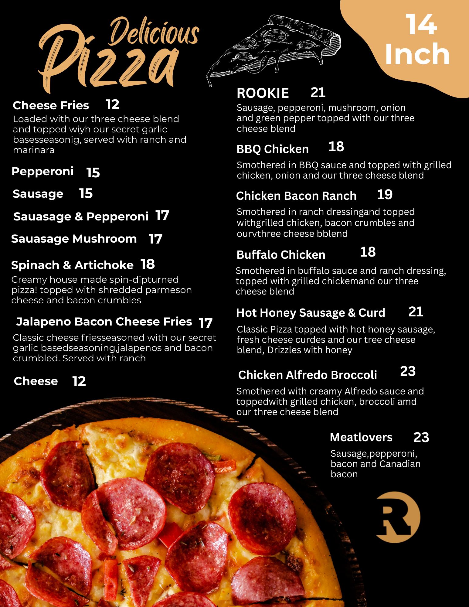 Rookies - Rookies 14 inch Pizza Menu, available for dine in or on Door ...